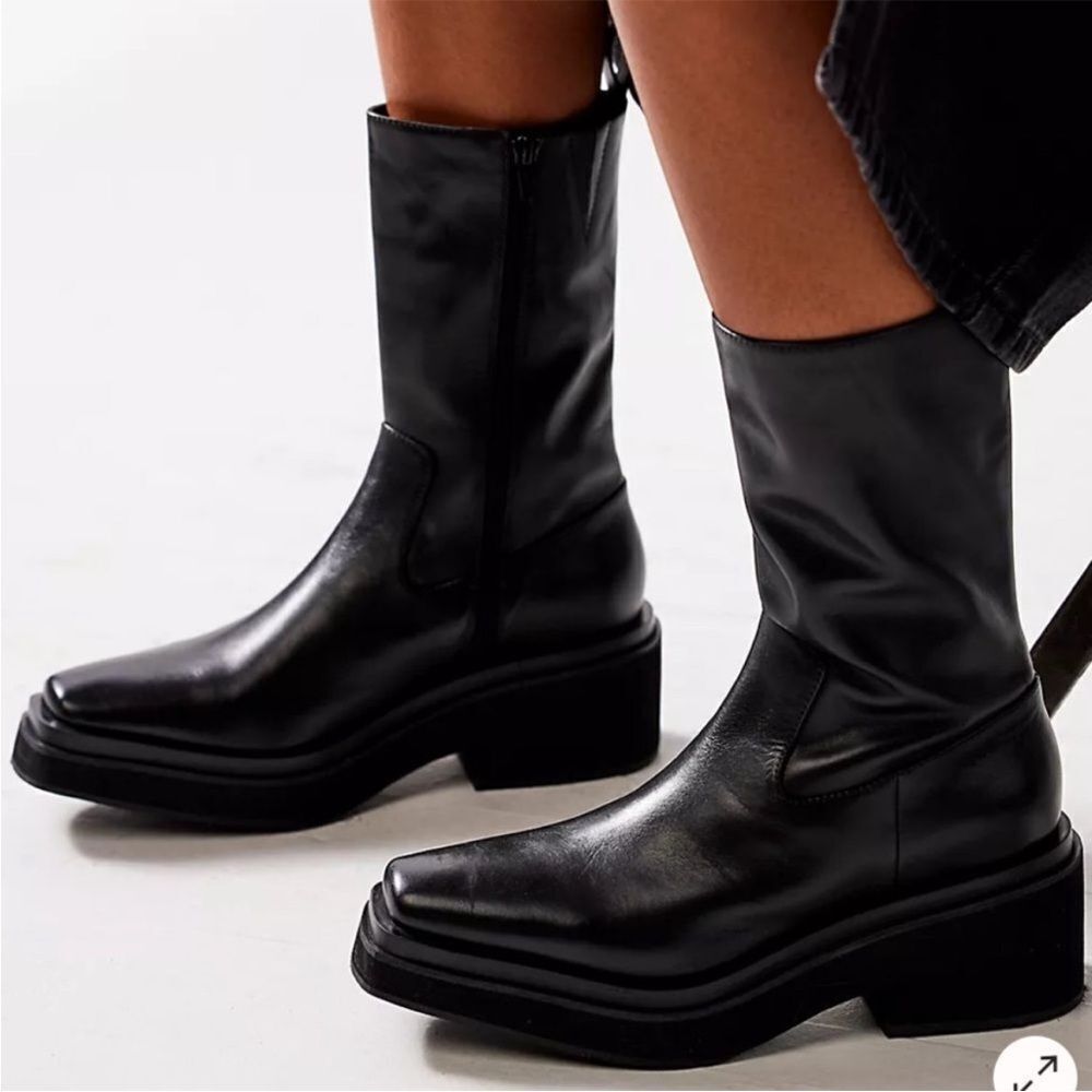 Free People Black Leather Mid-Calf Platform Boots